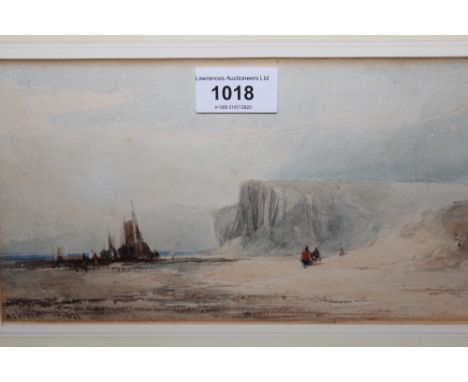 Alfred Gomersal Vickers, watercolour, beach scene with figures and boats before cliffs, possibly the Isle of Wight, signed an