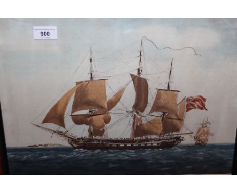 Pair of maple wood framed watercolours - possibly on print base, studies of American and French frigates, both 12.5ins x 16.5