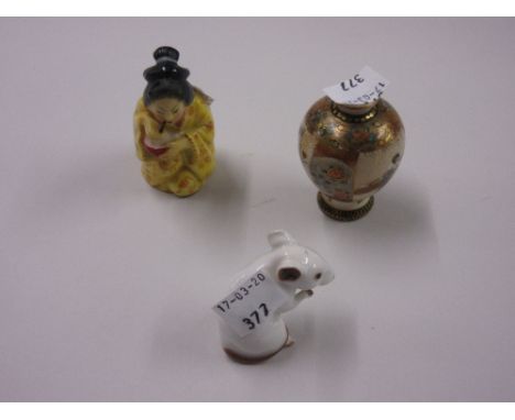 Royal Worcester candle snuffer in the form of an oriental lady, a miniature Satsuma vase and a Rosenthal figure of a mouse 