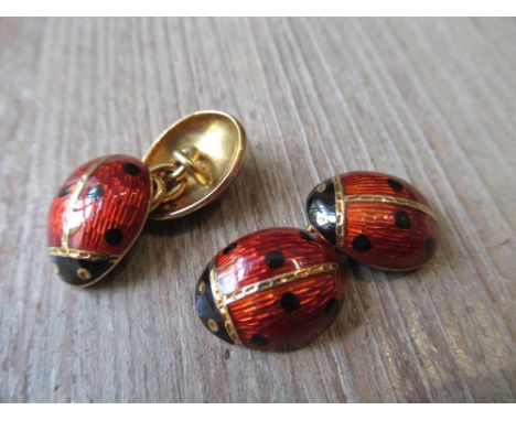 Pair of 18ct yellow gold enamel decorated cufflinks in the form of ladybirds with makers mark P.L.11.4gIn excellent condition