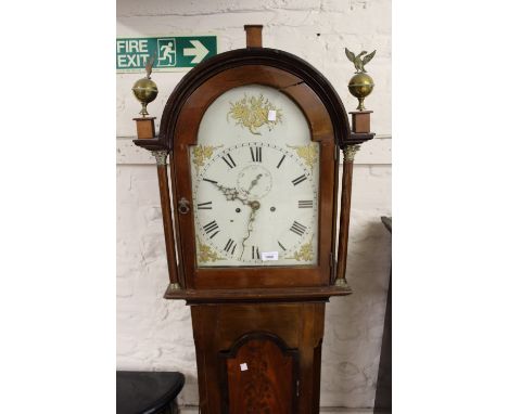 19th Century mahogany longcase clock with a broken arch hood, conforming panel door and base, the painted dial with Roman num