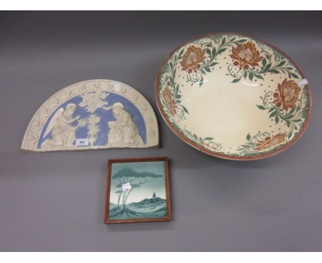 Boch tile decorated with a landscape, a Della Robbia type terracotta plaque (at fault) and a Mintons wash bowl (at fault) 