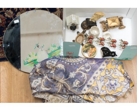 A mixed lot including, Shelley 'Black Watch' crested china, a black cat, celluloid ornament, powder compact, coronation coach