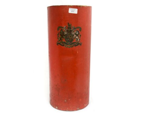 A red cardboard stick stand, having Lion and Unicorn crest
