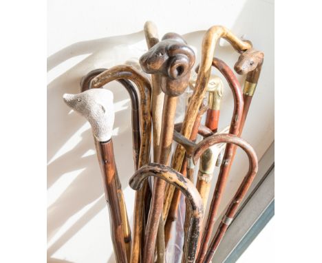 A large quantity of assorted walking sticks some with brass animal head handles, a rosewood stick, some sticks with silver co
