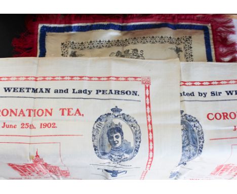 Two cotton printed teacloths (Coronation) and one silk theatrical print
