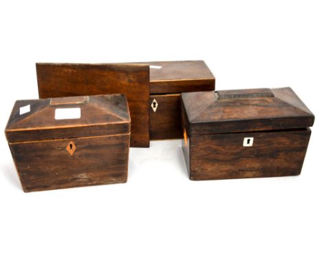 Two sarcophagus tea caddies and a Victorian tea caddy rosewood and mahogany  (af) 

