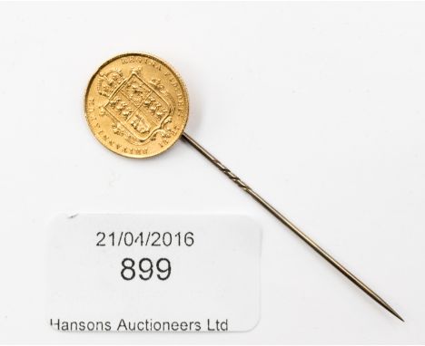 Victorian half sovereign set stick pin, coin dated 1887, soldered to pin