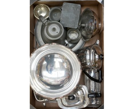 A box of mixed plated ware and pewter to include tea service, money box, Harrowby plate punch bowl etc