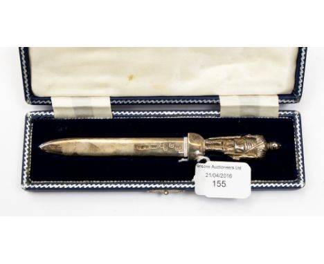 An Elizabeth II silver paper knife with cast finial depicting an armoured knight, Royal Irish Silver Company, with import mar