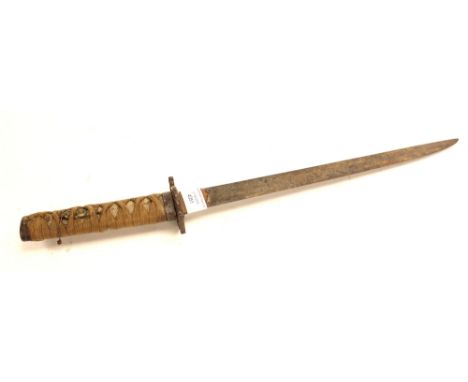 Japanese Tanto dagger. No scabbard. 34cm heavy blade with surface distress, Tang NOT examined. Hilt covered with shagreen bou