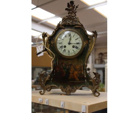 A 19th Century cased eight day mantle clock, hand painted lacquered scenes to case, white enamelled dial, Ormolu mounted