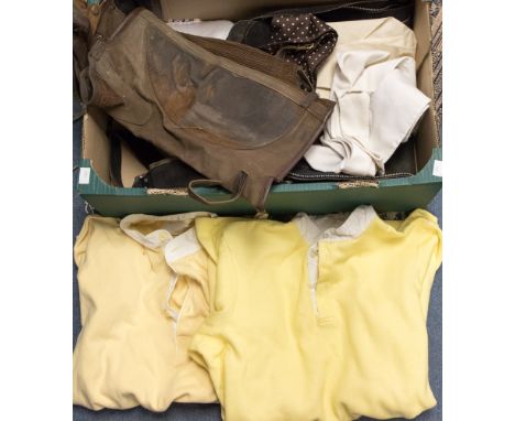 A collection of sporting attire including three yellow hunting shirts, four white stocks and a brown and white spotted silk s