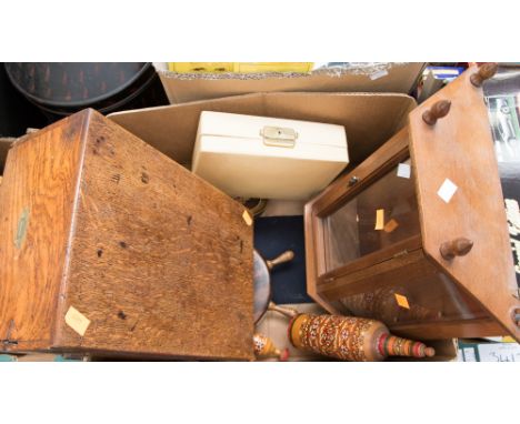 An oak box, barometer, musical jewellery box, small display cabinet etc (1 box)