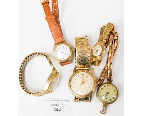 Four ladies' wrist watches including a circa 1930s yellow metal watch (af), with a gentleman's Rotary yellow metal wristwatch
