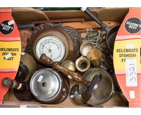 A mixed lot consisting of silver plate, brassware, ironware, 19th Century clock, barometer etc 