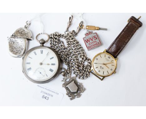 A Victorian silver pocket watch, Chester, 1895, initials 'TPH', subsidiary seconds dial, a silver watch chain with fob and wa