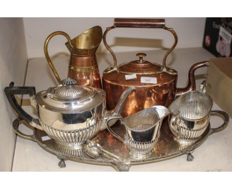 A hallmarked silver caddy spoon, a three piece plated teaset, tray and two items of brass (9) 