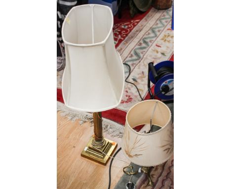 A Classical design columnar brass lamp and shade and another brass lamp and shade (2) 