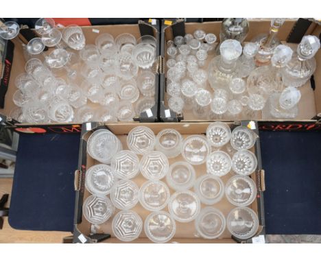 A box of seven decanters including a 'cluck cluck' decanter cut glass and liqueur decanters with two boxes of cut glass glass