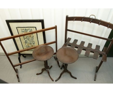A 19th Century firescreen, a towel horse, two tripod tables and a stick stand, (5)