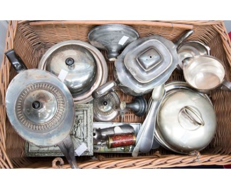 A 19th Century candlestick and muffin dishes, teapots etc., all in wicker hamper