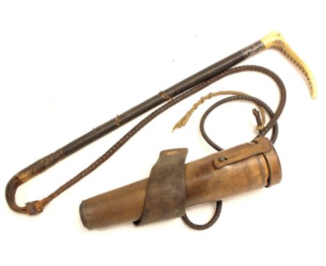 A hunting whip with silver collar plus a glass and white metal leather cased EPBM hunting flask (2)