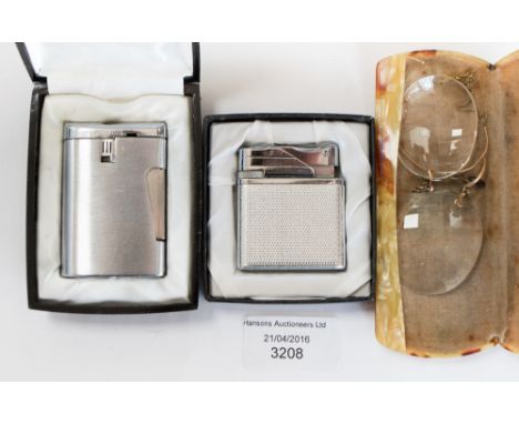 Ronson lighter in case and packet, Roland lighter in box and a cased pinz nez (af)