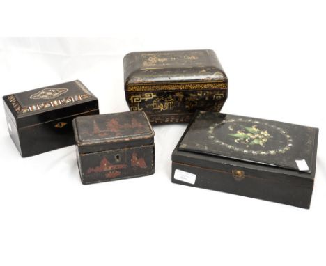 An inlaid tea caddy with two jewellery and an oriental pattern footed box (4 boxes) 