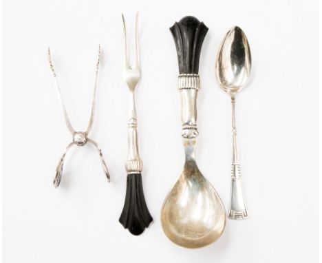 Scandanavian white metal sugar nips and a spoon and ebony ended spoon and fork (4)