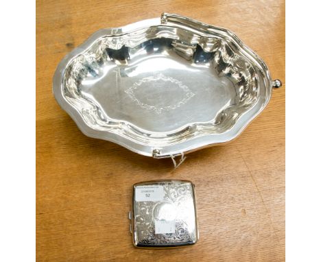 A cigarette case 3.6ozt approx Chester 1921, sponsor's mark J and R Griffin and a raised plated fruit dish with handle