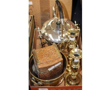 A collection of metalware and tureen including a pair of Victorian brass candlesticks, an Edwardian EPNS spirit kettle on sta