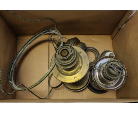 A box of oil lamps, lamp parts (some af) assorted metalware, brewery ephemera, pictures, etc (3 boxes)