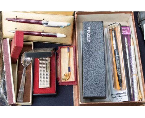 A collection of various pens to include Parker etc, cigarette lighter, hockey tie clip, spoon, coins etc.,