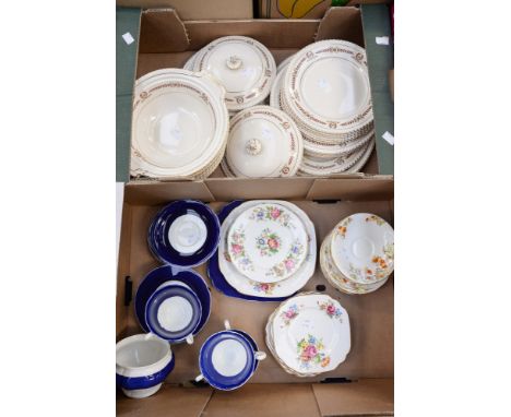 A Johnson Bros 'Old England' dinner service, a blue and white part tea service and Staffordshire china plates etc (2 boxes)