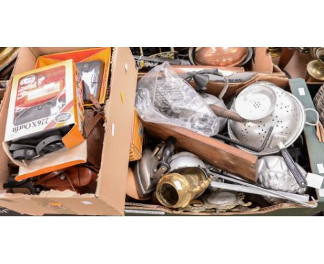 Kitchenalia:  scales, copper warming pan, cast iron aluminum etc.,
(2 boxes)