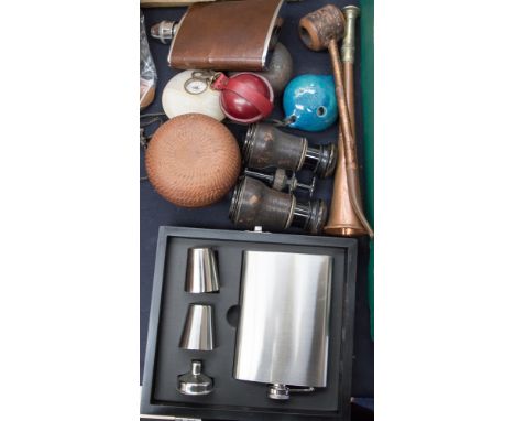 A mixed lot comprising of a marble cased compass, two circular boxes, a paperweight, boxed hip flask, binoculars, 19th Centur