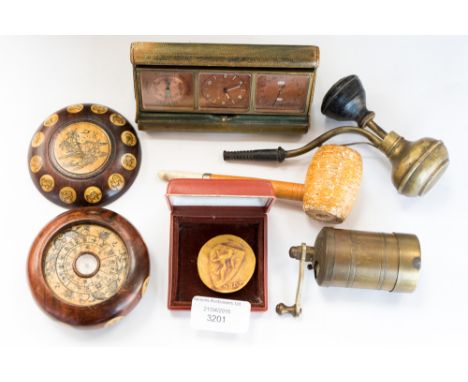 A shagreen effect travel clock, calender and barometer, 1930s, a Chinese opium pipe and a Chinese zodiac/and compass box etc 