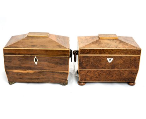 A 19th Century burr veneered tea caddy, together with a walnut veneered tea caddy, both of sarcophagus form (2)