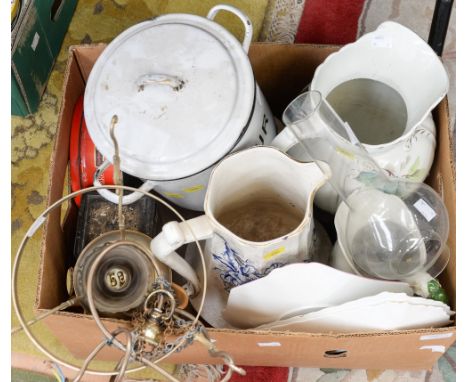 Mixed ceramics to include Basko with 'The Onward' roasting tin, lamp and funnel, jugs etc., (2 boxes)