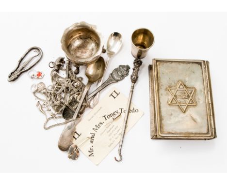 A London 1844 spoon, a Sheffield 1903 salt cauldron, together with a white metal covered, Hebrew prayer book and a Worcester 