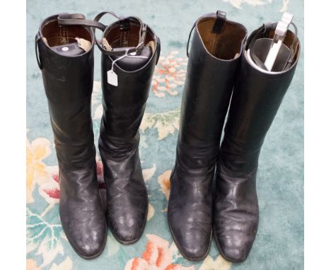 A pair of gents black leather patent topped boots together with another pair of black leather hunting boots, both pairs with 