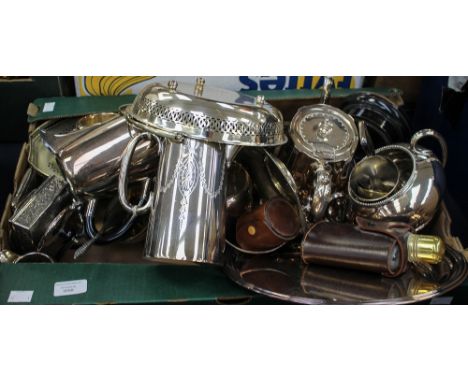 A box containing a collection of silver-plated items, including part tea sets, part coffee sets, cigarette case, hip flask, e