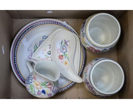 Two Poole Pottery 1960/70 vases, a jug, three plates and two occasional dishes 