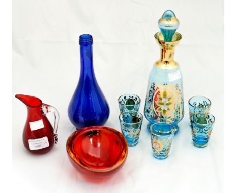 A Venetian decanter with five liquer glasses, a Whitefriars 1970s orange/red dish and a continental ruby glass milk jug, toge