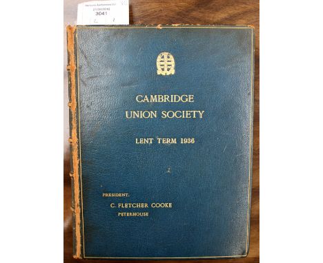 Cambridge Union Society Lent Term 1936 leather bound volume, president C.Fletcher Cooke, PeterHouse to include signatures of 