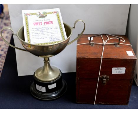 Pigeon racing clock, Beeston Cup and cards.