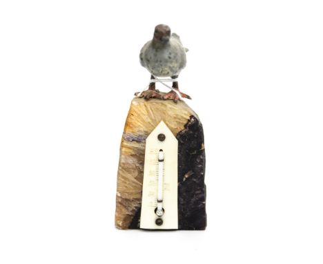 A Blue John stone with mounted pigeon, cold painted, and thermometer 