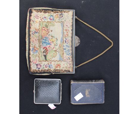 A Victorian copy of 'The Complete Angler', a lapistry style hand bag with carrying chain and a cigarette case with snake skin