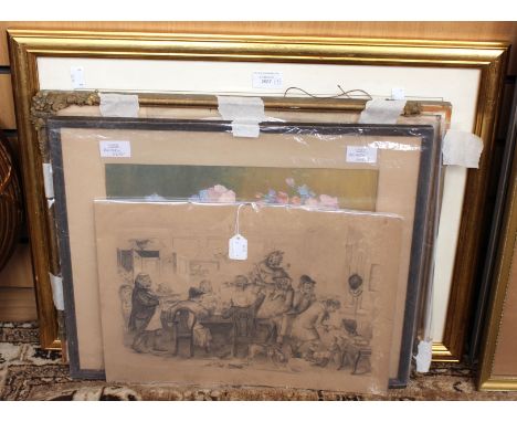 A pair of Victorian pencil drawings, comic scenes of civilised dinner party and tavern brawl; together with a Louis Wain prin